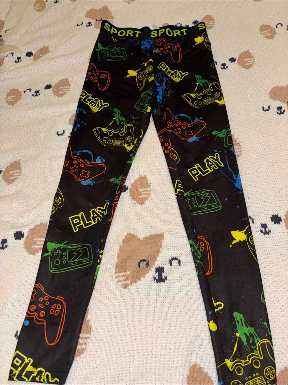 SHEIN Black Gaming Graphic Crop Top and Neon Print Leggings Set